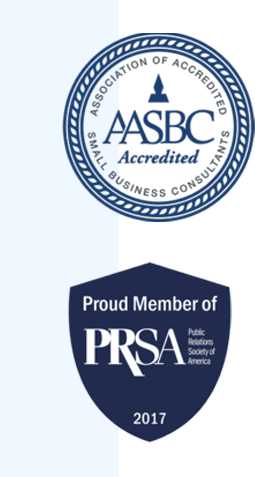 Association of Accredited Small Business Consultants Accredited Badge (Top) & Public Relations Society of America (PRSA) Membership Badge (Bottom)