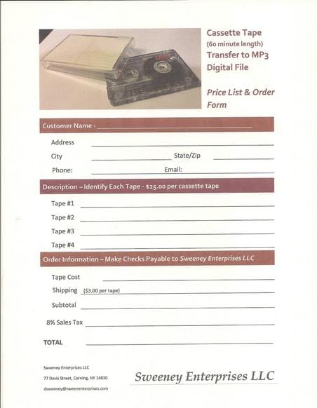 Cassette Audiotape Transfer to MP3 Digital File Price List & Order Form