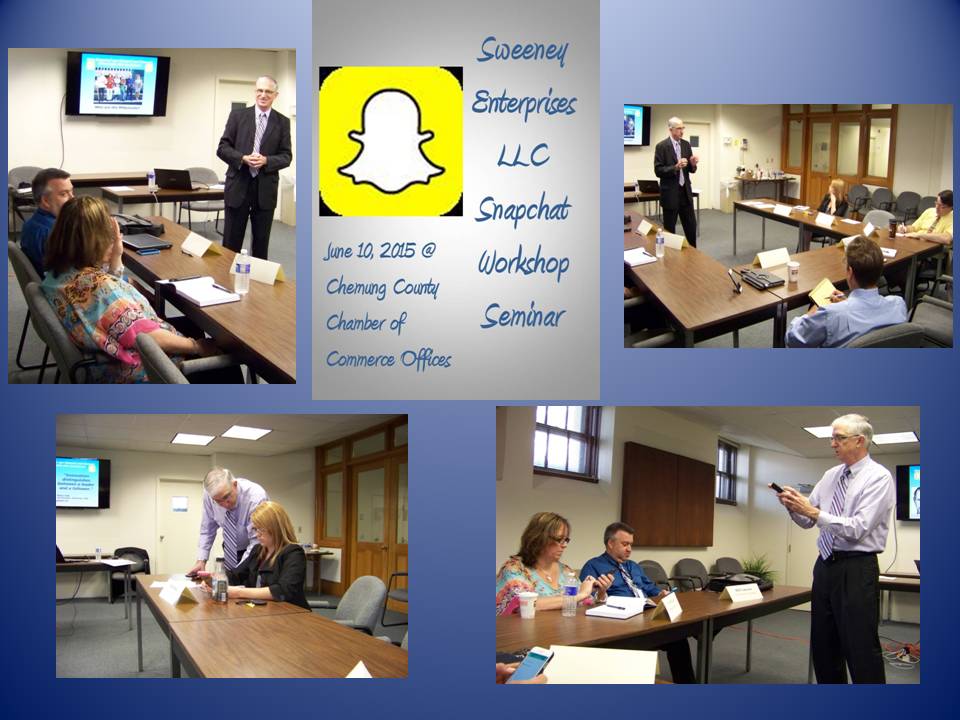 Collage of photographs from Sweeney Enterprises LLC Snapchat Workshop Seminar from June 2015.