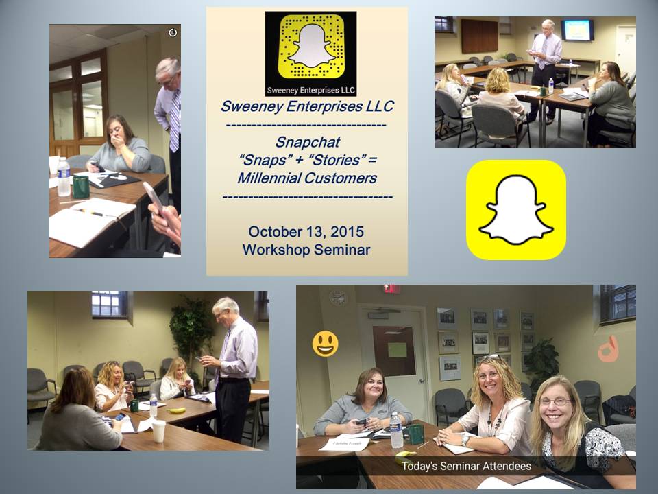 Photo collage of activities during Sweeney Enterprises LLC Workshop Seminar on Snapchat held in October 2015..