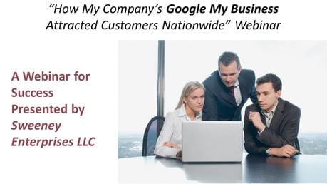 Three individuals sitting around a laptop with text in the upper half mentioning the Google My Business Webinar