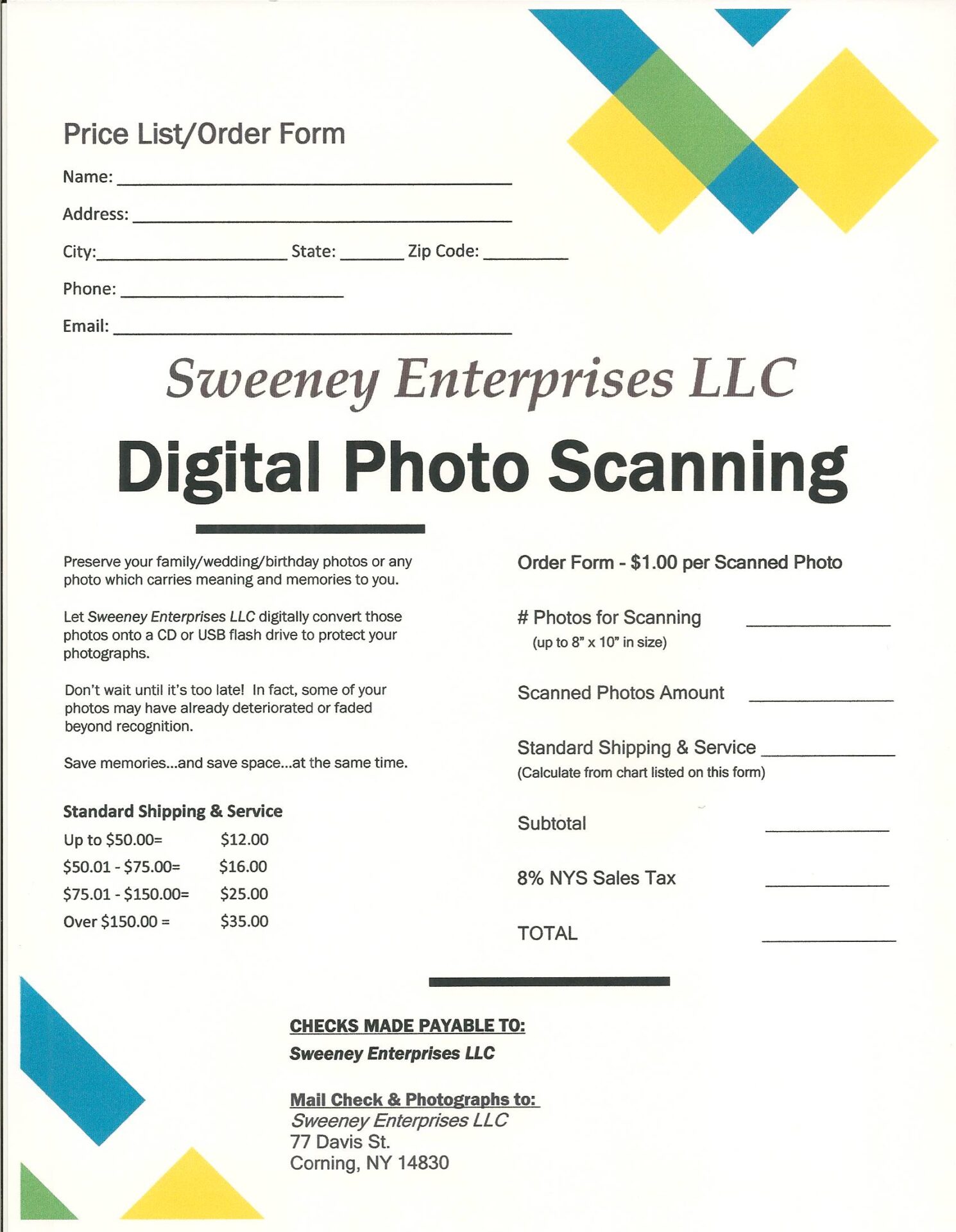 Price list-order form for Sweeney Enterprises LLC Digital Photo Scanning Service