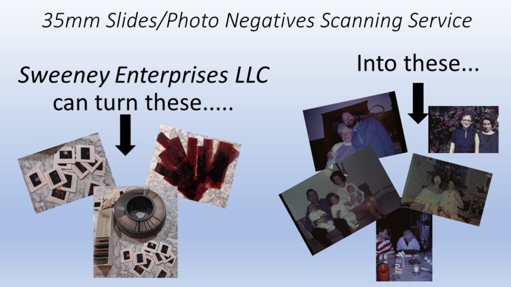 Photos of 35mmm slides and negatives (left side of photo) which are then converted to actual photos as JPEG files (right side of photo)