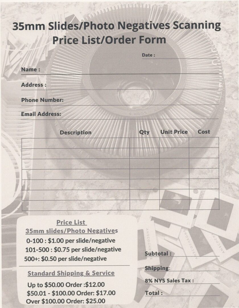 Screenshot of 35mm Slides/Photo Negatives Scanning Price List/Order Form