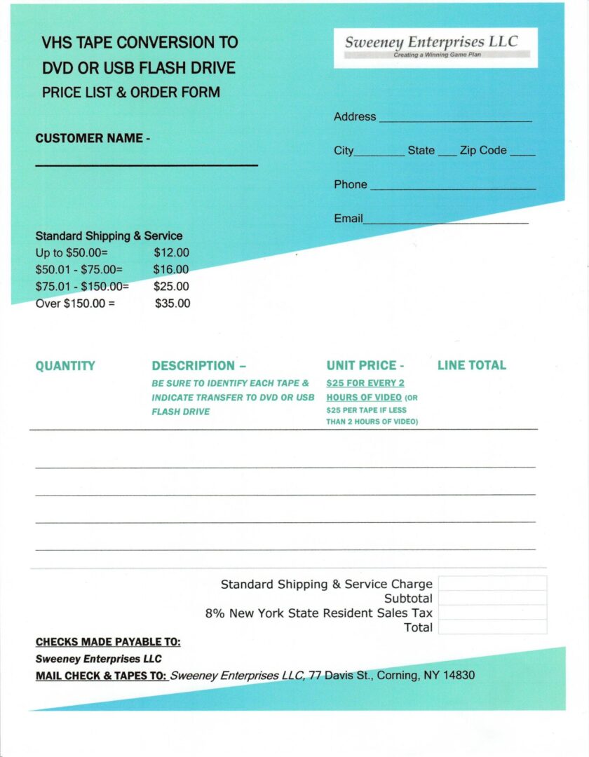 Photo of VHS Tape to DVD/USB Flash Drive Price/Order Form